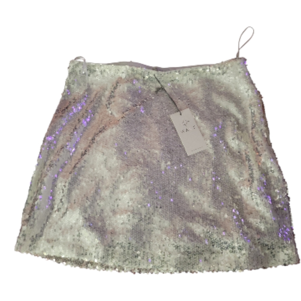 NWT WAYF White And Silver Sequin Mini Skirt - SZ L - Picture 1 of 4